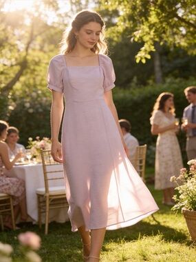 Pastel Lilac Midi Dress with Puff Sleeves